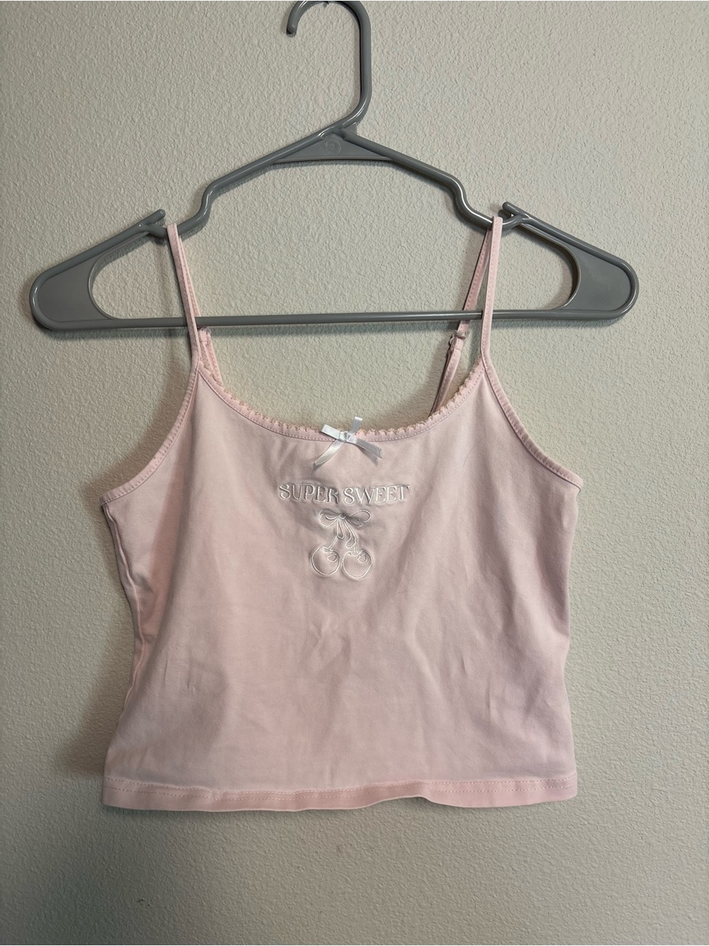 Charlotte Russe Light Pink Embroidered 'Super Sweet' Spaghetti Strap Tank